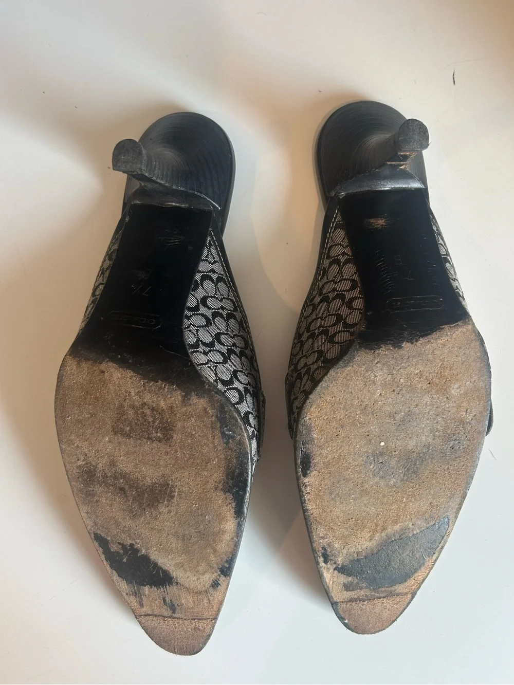 Vintage Coach Monogram Mules Pointed Toe Kitten Heel Buckle Clasp Black Gray Y2K